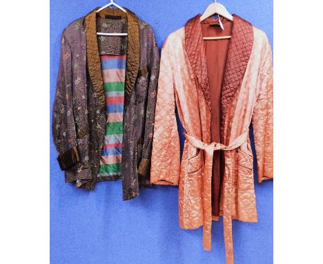 Two gentleman's smoking jackets to include one in black and gold chinoiserie style fabric with olive green quilted lapels and