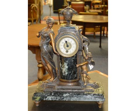 A French figural mantel clock, with female and child cherub figure either side of dial, and green faux marble decoration, 49m