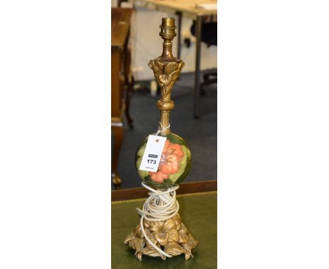 A Moorcroft 'Hibiscus' pattern vase/lamp, on green ground, 42cm high CONDITION REPORT: Lot 173 - No damage to Moorcroft lamp,