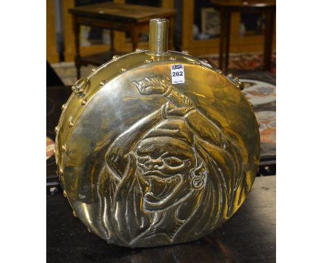 A large Oriental brass embossed moon shaped flask, with a figure to each side, studded decoration and handles to the top, 43c