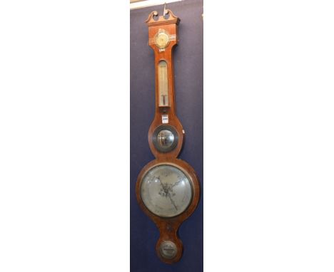 A mahogany banjo wall barometer, with thermometer gauge, glass loose, 96cm high
