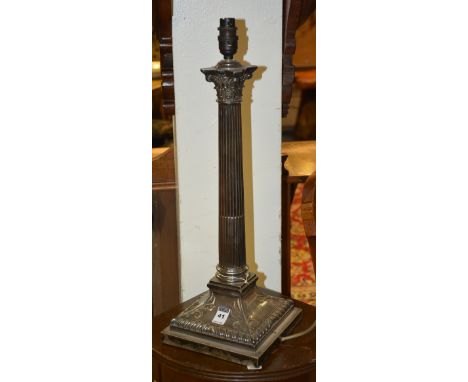 A plated Corinthian style table lamp, with fluted column raised on embossed square base, 46cm high