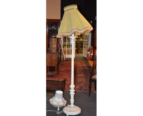 A painted floor lamp, with shade, 180cm high, also with a small onyx table lamp, 45cm high, with shade (3)