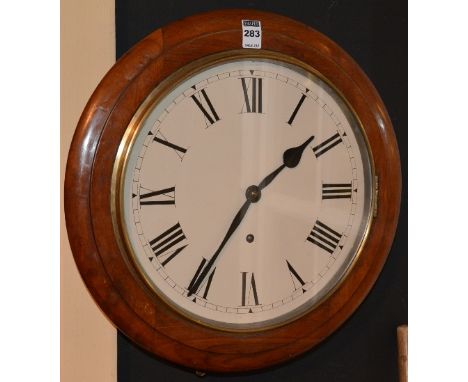 A mahogany circular railway wall clock circa early 20th century, with white enamel dial and Roman numerals, 42cm high x 42cm 