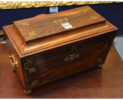 A Victorian rosewood & brass inlaid tea caddy, lacking mixing glass & tea compartment covers, 20cm high