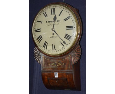 A mahogany drop dial fusee wall clock by T. Martin & Co London, circa 19th century, the white enamel dial with Roman numerals