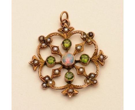 A Victorian 9ct gold opal, peridot and seed pearl pendant, the central opal cabochon surmounted by four round cut peridots an