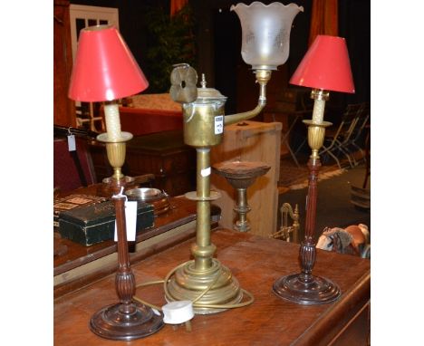 A pair of Victorian mahogany candlesticks, the reeded stem on circular base, with brass candle holder and red shades, 35cm hi