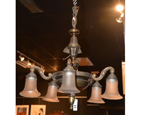 A metal ceiling light, with five branches and glass shades, 56cm high 