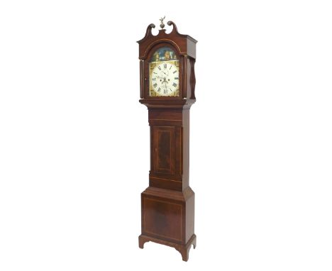 Mahogany eight day longcase clock, the 13" painted arched dial signed Barrett, Blandford to the centre with subsidiary second