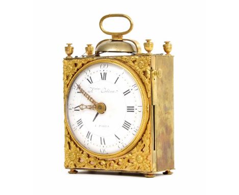 Antoine Colieau, Paris: Louis XVI gilt-brass travelling timepiece, the square case surmounted by a bell and carrying handle, 