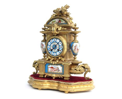 French porcelain and gilt metal mounted two train mantel clock striking on a bell, the 3.5" painted porcelain dial within an 