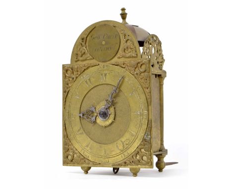 Good Alarm lantern clock, made for the Turkish market, the 5" arched dial with a raised chapter ring, matt worked centre and 