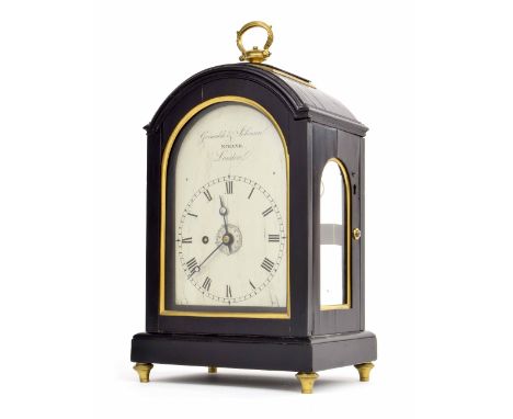 Small George III ebonised alarm bracket timepiece, the 4" arched silvered dial signed Grimalde &amp; Johnson, Strand London w