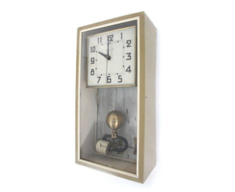 Brillie electric wall clock, the 6" square dial with centre seconds hand, within a light brown metal glazed case with marble 