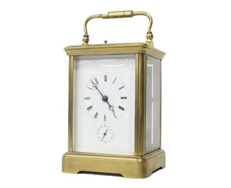 French repeater carriage clock with alarm, striking on a bell, within a corniche brass case, 6.5" high