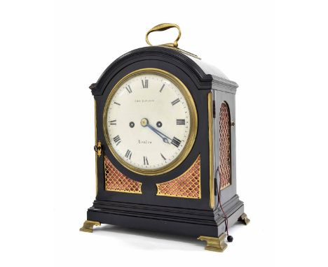 Good English ebonised double fusee bracket clock, the 7" convex cream dial signed Chas Duplock, London, the movement with pul