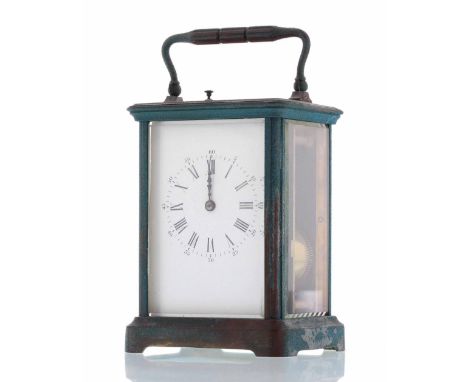 French repeater carriage clock striking on a bell, within a corniche brass case, 7" high