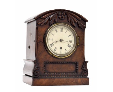 Small English mahogany single fusee bracket clock, the 3.25" cream dial within a foliate carved stepped case with rounded arc