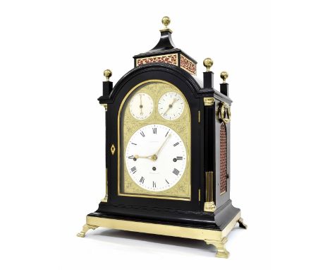 Fine English ebonised triple fusee bracket clock, the 8" rounded brass arched dial signed Handley &amp; Moore, Clerkenwell Cl