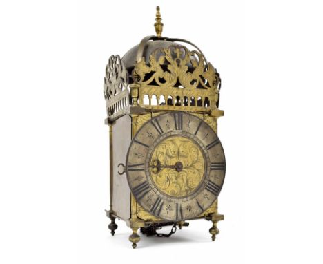 English brass verge hook and spike lantern clock, the 6.25" silvered chapter ring signed Samuel Stretch and enclosing a folia