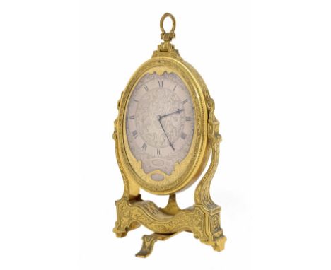 Victorian engraved gilt-brass desk timepiece in the form of a cheval mirror, Thomas Cole, London, no. 931, circa 1860, the ov