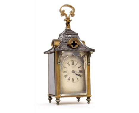 Unusual silvered and gilt pendant 'lantern' timepiece, French, circa 1895, the silvered dial behind a Gothic mask, the eight 