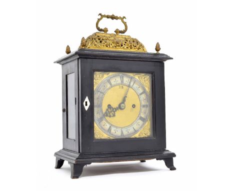 Interesting early English ebonised basket top bracket clock case with later double fusee movement, the 5.5" silvered dial enc