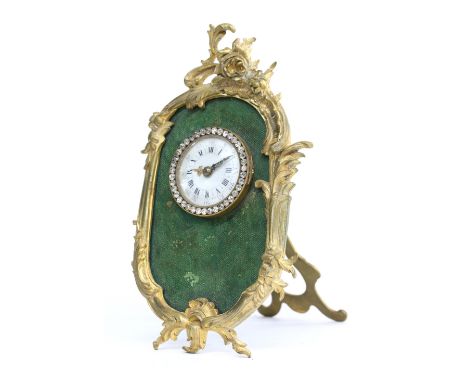 French gilt metal and shagreen easel mantel timepiece with platform escapement, the 2" white dial within a paste set bezel an