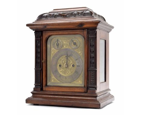 German double fusee bracket clock striking on a large gong, the rectangular gilt foliate engraved dial with subsidiary chime/