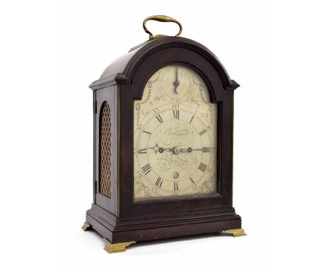 George III mahogany bracket clock signed Bittleston, London, the 6.75" arched silvered dial with Roman numerals and outer Ara