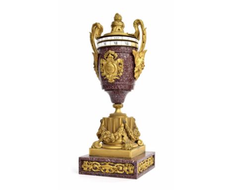 Ormolu mounted porphyry revolving chapter ring urn clock, French, circa 1870, the bell striking Vincenti movement with later 