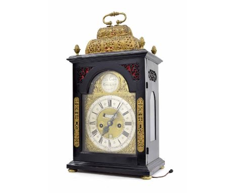 Fine English ebonised and ormolu mounted double fusee verge bracket clock, the 7" brass arched dial signed Edward Cockey, War