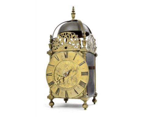 Early English brass verge lantern clock, signed Jeffrey Balley, Londini Fecit below the front fret, over a brass chapter ring