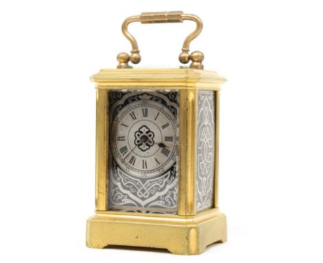 Miniature French carriage clock timepiece, within a gilt brass case with niello panels, 3.75" high; also with outer Morocco l