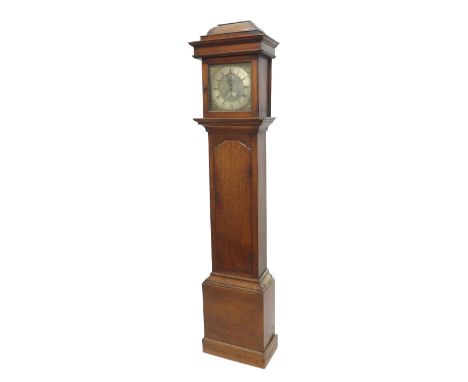 Oak thirty hour longcase clock with birdcage movement, the 10.75" square brass dial signed John Peck, Milton to the foliate e