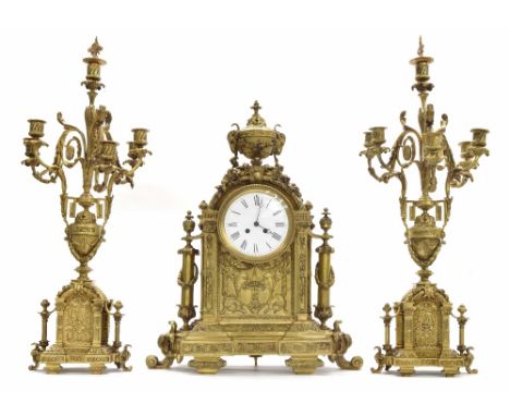 Impressive French lacquered brass two train mantel clock garniture, the movement with outside countwheel striking on a bell a