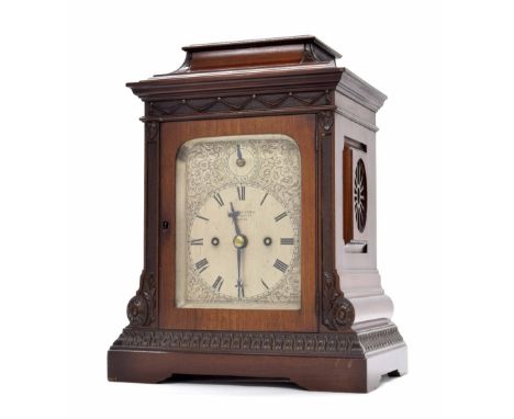 Good mahogany double fusee bracket clock, the foliate engraved silvered dial signed Goldsmiths Company, 112 Regent St, London