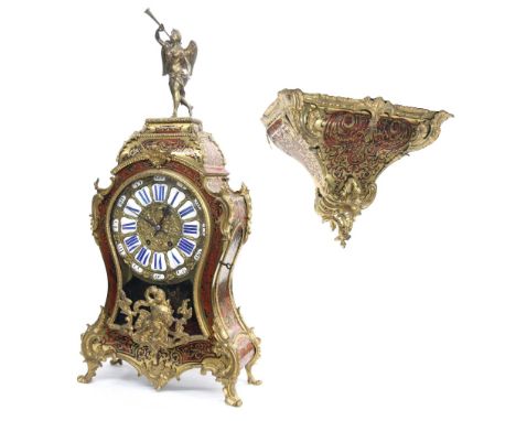 French boulle two train balloon mantel clock and bracket, the S. Marti movement striking on a bell, the 8.5" repousse brass d