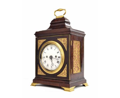 Good small mahogany table clock, Thomas Wagstaffe, London, circa 1785, with 4.5" enamel dial, the five pillar repeating rack 