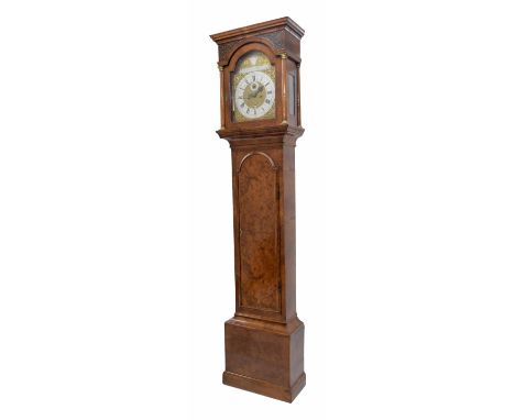 Walnut eight day longcase clock with five pillar movement, the 12" brass arched dial signed Smith, London to the arch under a