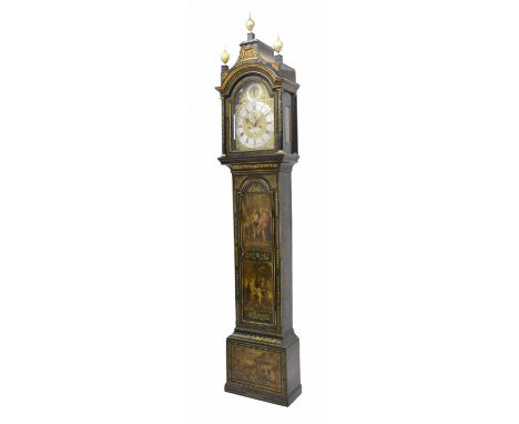 Good green lacquer and painted eight day longcase clock with five pillar movement, the 12" brass arched dial signed Isaac Rog