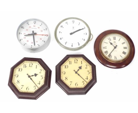 G.P.O. 8" slave dial clock in a mahogany surround; also a pair of slave dials in octagonal Bakelite surrounds, a Synchronome 