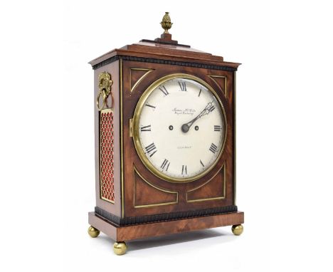 Good English mahogany double fusee bracket clock, the 8" convex white dial and movement back plate both signed James McCabe, 
