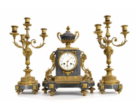 French ormolu and grey marble two train mantel clock garniture, the Japy Freres movement striking on a bell, the 4" white pai