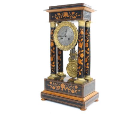 French stained wooden and floral marquetry inlaid two train portico mantel clock, the movement stamped Douillon with outside 