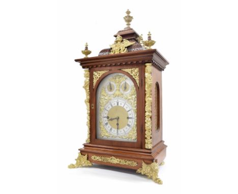 Good mahogany triple fusee boardroom clock, the 9" rounded arched dial with silvered chapter ring enclosing a matted centre u