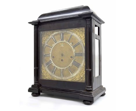 Rare early English ebonised triple fusee table clock, the 11" square brass dial with skeleton chapter ring signed Tho Speakma