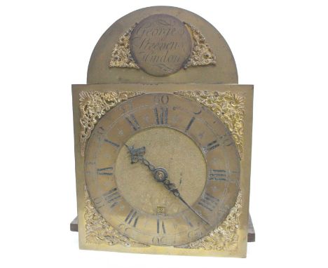 Thirty hour longcase clock birdcage movement, the 10" square brass dial signed George  Stevens, Hindon on a disc to the arch 