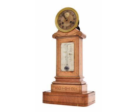 French satinwood two train drumhead mantel clock/thermometer, the movement back plate signed Robert á Paris, with outside cou